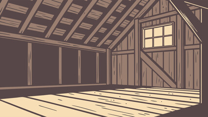 Wooden attic interior rustic wooden beams floorboards window vintage style illustration empty room background design element.
