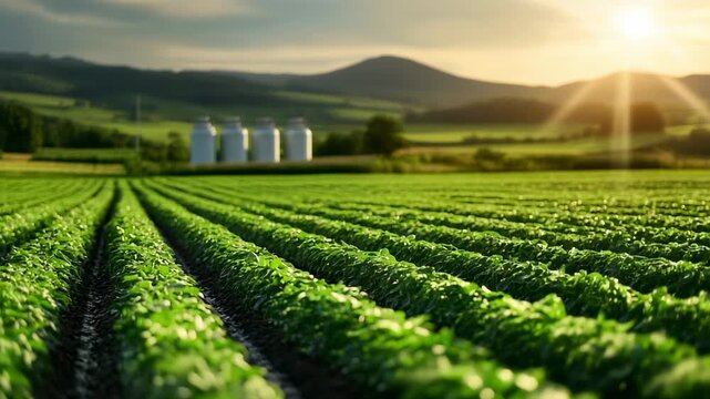 Green crops growing in rows on agricultural field at sunset