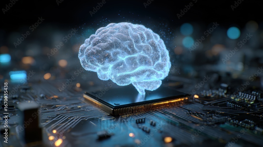 Poster illuminated brain model with neural connections on dark background for science concept