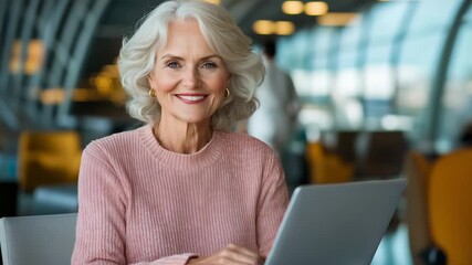 Senior businesswoman working on laptop in airport lounge - Powered by Adobe