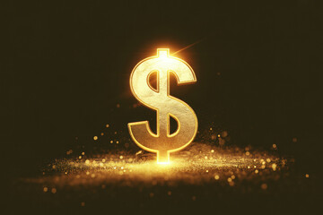 Gleaming Golden Dollar Sign Symbolizing Wealth, Prosperity, and Financial Success on a Dark Background with Sparkling Light Effects