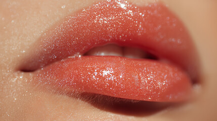 glittery coral lip gloss smear, summer glow aesthetic, close-up beauty texture 