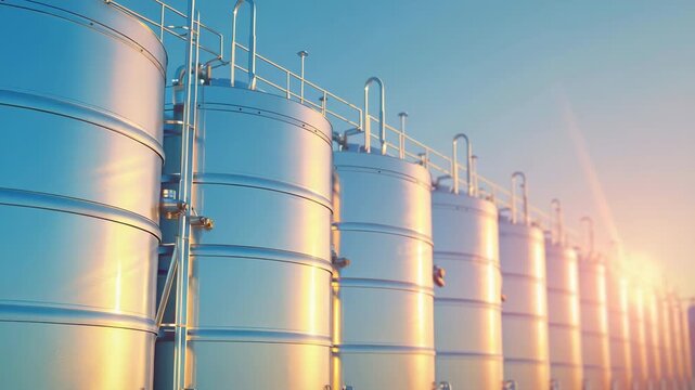 Industrial metal storage tanks in sunlight with shiny steel surface reflecting evening light, row of large silos under blue sky creating modern industrial scene