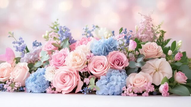 Pastel flowers arrangement on table with bokeh background