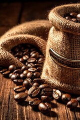 Fresh roasted coffee beans spilling from burlap sack on rustic wooden table with warm natural light.