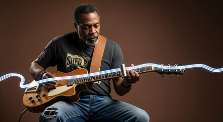 Blues musician playing slide guitar, a concept for soulful and authentic roots music