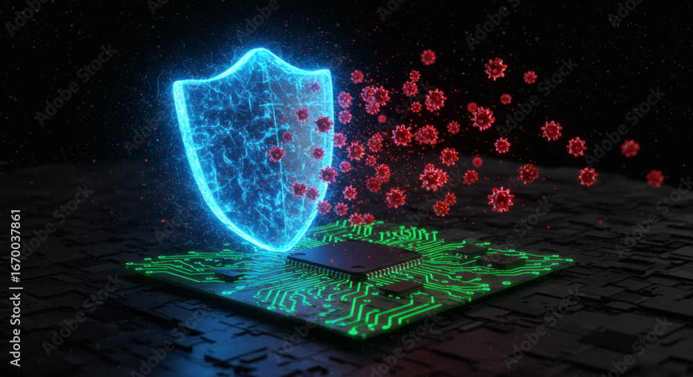 Poster advanced digital antivirus protection concept with a glowing shield safeguarding a microprocessor fr