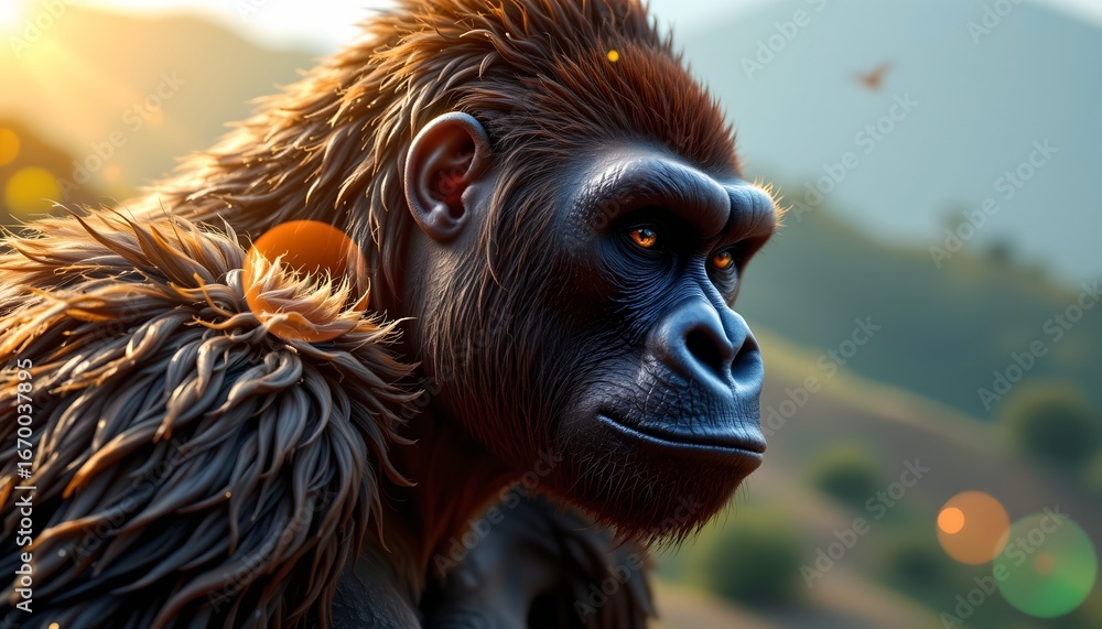 Fototapete a lifelike computer generated rendering of a gorilla standing in a natural outdoor setting with gree