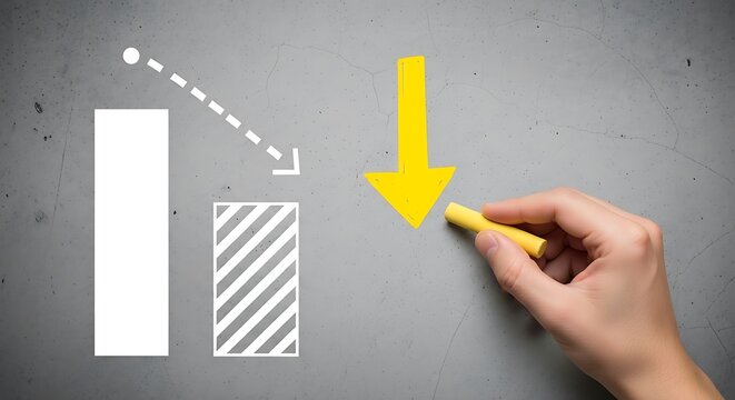 A hand-drawn, yellow arrow points downward, contrasting a larger, white bar graph with a smaller, gray bar graph, illustrating a decrease in a performance metric on a gray textured surface.