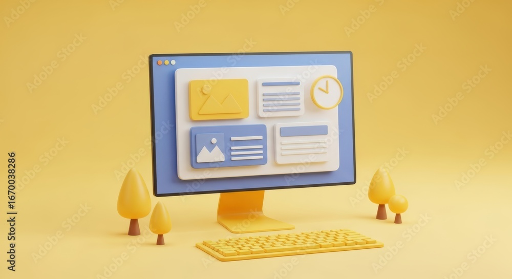 Aufkleber modern 3d computer monitor with stylized interface and keyboard on yellow background