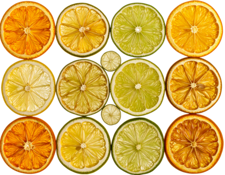 Flat Lay of Assorted Dried Citrus Slices in Symmetrical Pattern, Isolated PNG