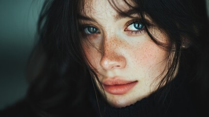 Close-up portrait of a woman with freckles and blue eyes