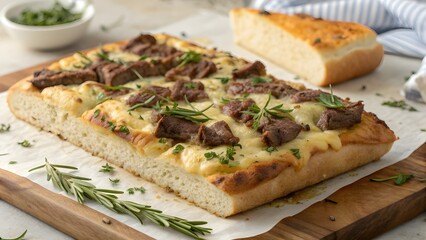 Classic Beef And Cheese Breakfast Focaccia With Fresh Herbs, A Golden Rustic Flatbread Topped With Savory Flavors For A Hearty, Aromatic, And Comforting Morning Meal