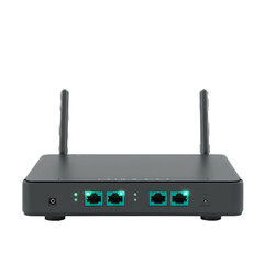Gray wireless router with green lights and two antennas isolated on transparent background