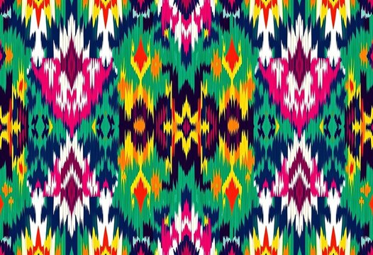 Abstract ethnic ikat fabric pattern in vibrant colors Seamless design ideal for textile prints, wallpaper, or bedding,  green,  indigo