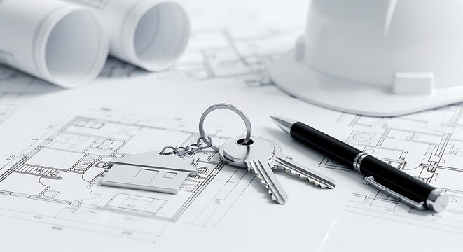 Architectural blueprints, a house-shaped key chain, keys, and a hard hat rest on design plans, suggesting new construction or property development.