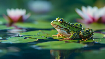Obraz premium A cute green frog resting on a lily pad, a peaceful macro portrait of a charming amphibian, a serene wildlife scene from a zen pond, a fairy tale character from a magical garden.