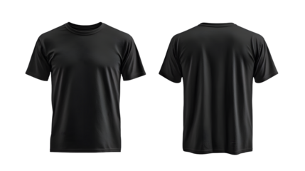 Plain black t-shirt front and back view for mockup isolated on a transparent background