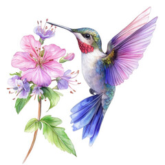 Fototapeta premium Watercolor painting of a hummingbird with pink and purple flowers isolated on transparent background