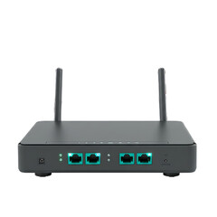 Network device with antennas and ethernet ports shown in a studio shot isolated on transparent background