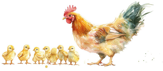 Watercolor painting of a hen with her chicks isolated on transparent background
