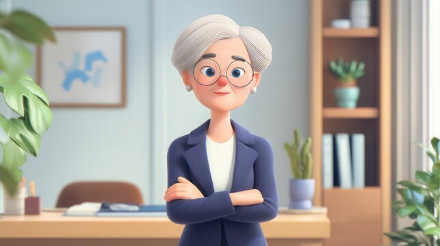 Confident 3D animated senior female professional with glasses and silver hair standing with arms crossed in modern office with plants and bookshelves