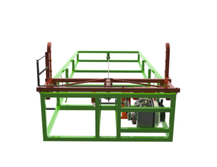 Detailed 3D model of a construction site vertical lift pulley system. Green heavy-duty material hoist mechanism isolated high-resolution PNG for physics, engineering,  automation technology concepts