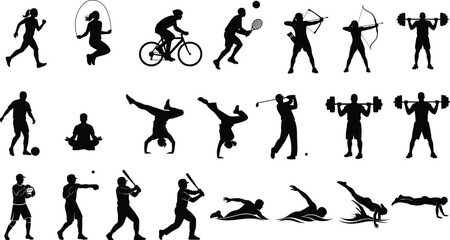 Sports silhouette collection, various athletic activities vector, running, cycling, swimming, boxing, yoga, archery, golf, baseball, weightlifting, fitness, exercise, workout, healthy lifestyle.
