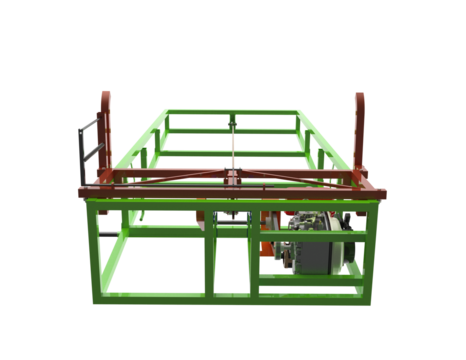 Detailed 3D model of a construction site vertical lift pulley system. Green heavy-duty material hoist mechanism isolated high-resolution PNG for physics, engineering,  automation technology concepts