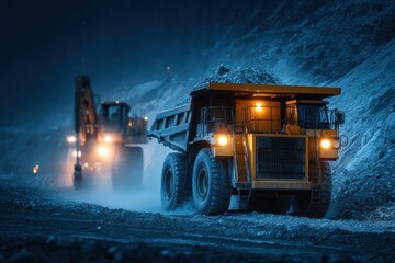 Large mining truck with a full load heads through the dusty, blue-lit quarry. It represents heavy industry, resource extraction, or infrastructural development.