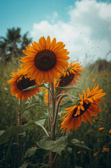 Sunflowers and water drops.