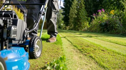 A person mows a green lawn with a blue lawnmower. The scene features a well-maintained garden with trees and flowers in the background.