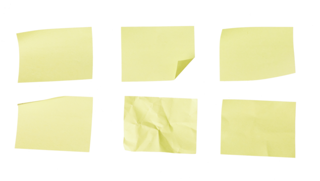 various yellow sticky notes set isolated on white or transparent png