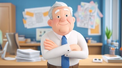 Confident 3D animated senior businessman with white hair and blue tie standing with arms crossed in office with bulletin board and paperwork, corporate management cartoon