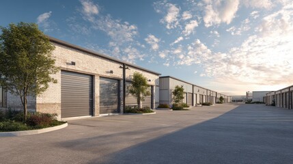 Obraz premium A long row of self-storage units under a blue sky with white clouds. Great for business, logistics, personal storage, or real estate needs.