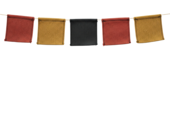 A perfectly taut string of rectangular, distressed canvas signal flags in rust-red, charcoal, and ochre, on a transparent background with ample copy space, concept of organized coding.