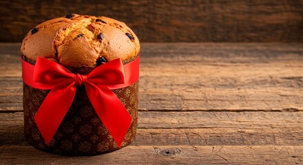 A festive panettone with a red ribbon on a rustic wooden surface ready for a holiday celebration