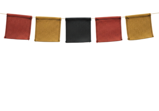 A perfectly taut string of rectangular, distressed canvas signal flags in rust-red, charcoal, and ochre, on a transparent background with ample copy space, concept of organized coding.