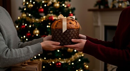 Person giving panettone with ribbon to another person christmas tree in the background indoors home setting