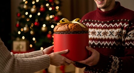 Person giving a panettone cake in a red box with a yellow ribbon in front of a christmas tree