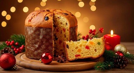 Panettone christmas cake with candied fruits and raisins on a wooden board with festive decorations