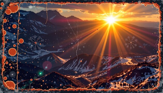 A serene mountain landscape under the glow of a sunset. The sun is seen shining brightly over the peaks, casting a warm light that illuminates the snow capped mountains below