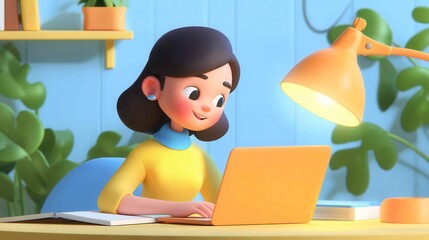 Happy 3D animated female character in yellow sweater working on laptop at cozy home office with desk lamp and houseplants, digital illustration for education or remote work