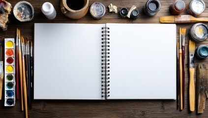 Artist's workspace overhead view with blank sketchbook and paint supplies on a wooden surface