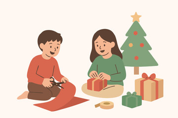 Children exchanging Christmas gifts in festive mood, flat design illustration.