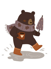 Cute autumn bear with scarf, coffee, and umbrella walking through puddles. Perfect for fall cards, kids' books, posters, stickers, and cozy seasonal designs.