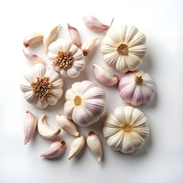 An overhead shot of garlic bulbs and cloves on a white surface