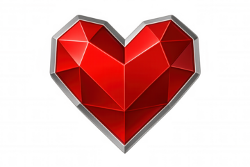 Glossy red crystal heart with metallic silver trim, symbolizing passionate emotion against translucent backdrop