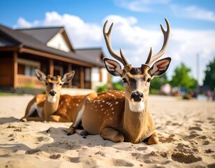 Two deer resting on sand near a wooden house
