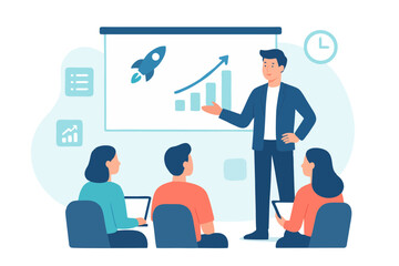 Illustration of businessman presenting company growth and strategy to team.